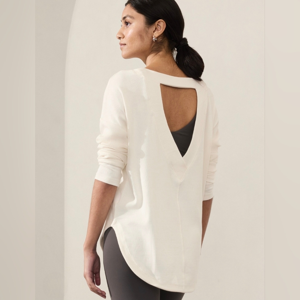 Athleta Presence Ribbed Sweater Deep V Back In Ivory Small